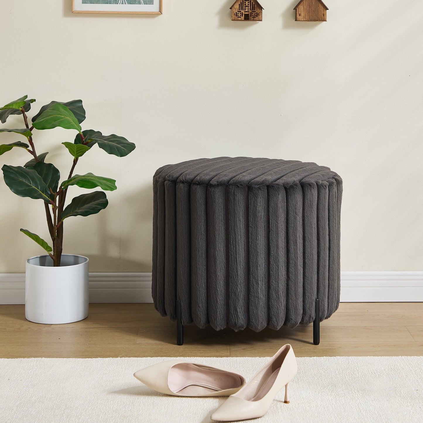 22.05' Wide Upholstered Round Pouf Ottoman Foot Rest with Black Metal Legs, Faux Fur Finish, Charcoal-2