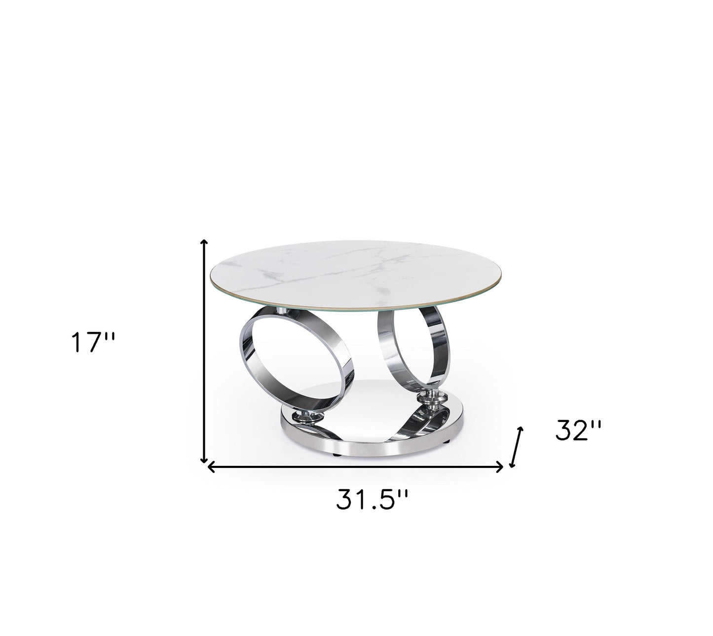 32" White And Silver Ceramic Tile And Metal Round Abstract Coffee Table