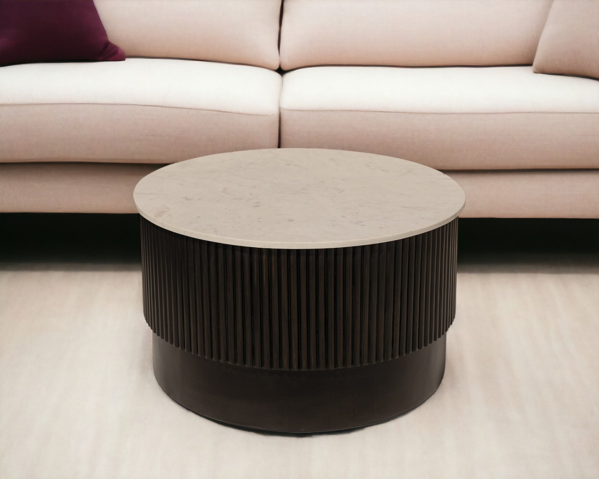 31" White And Dark Brown Genuine Marble And Solid Wood Round Drum Coffee Table-0
