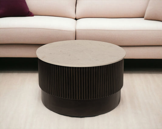 31" White And Dark Brown Genuine Marble And Solid Wood Round Drum Coffee Table-0