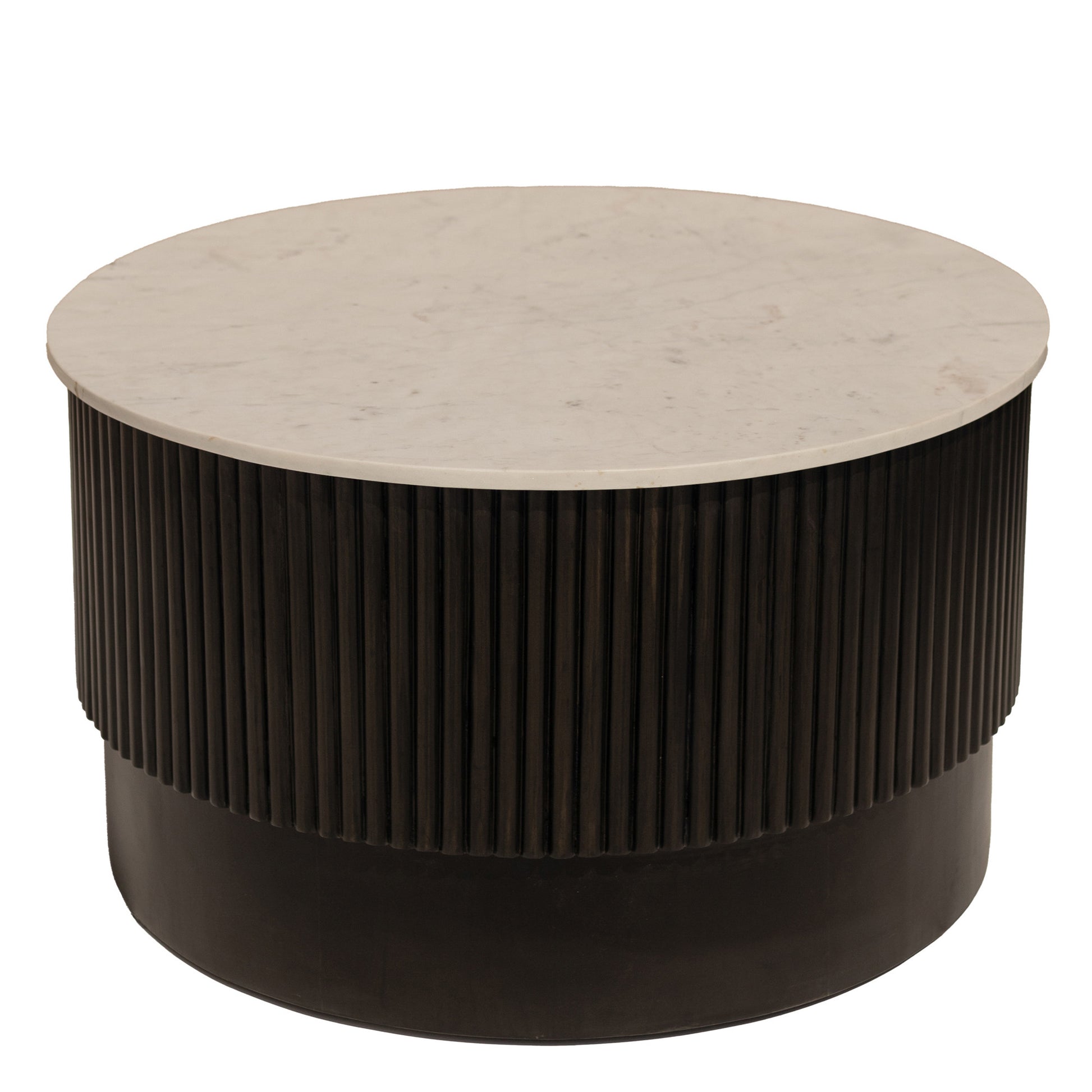 31" White And Dark Brown Genuine Marble And Solid Wood Round Drum Coffee Table-1