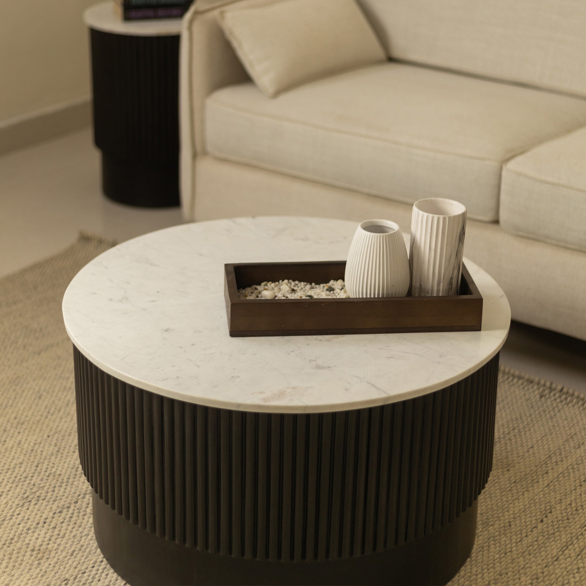 31" White And Dark Brown Genuine Marble And Solid Wood Round Drum Coffee Table-4