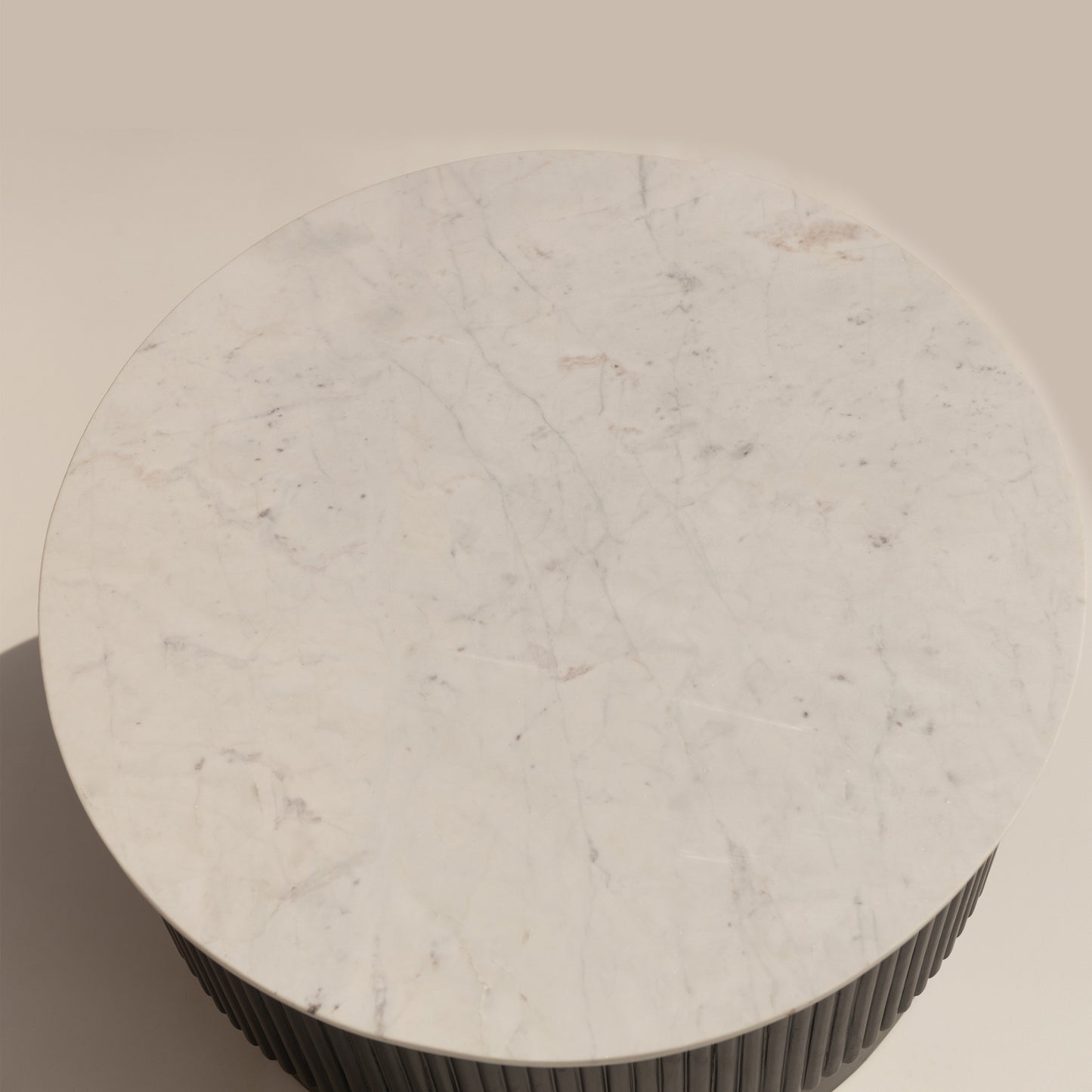 31" White And Dark Brown Genuine Marble And Solid Wood Round Drum Coffee Table