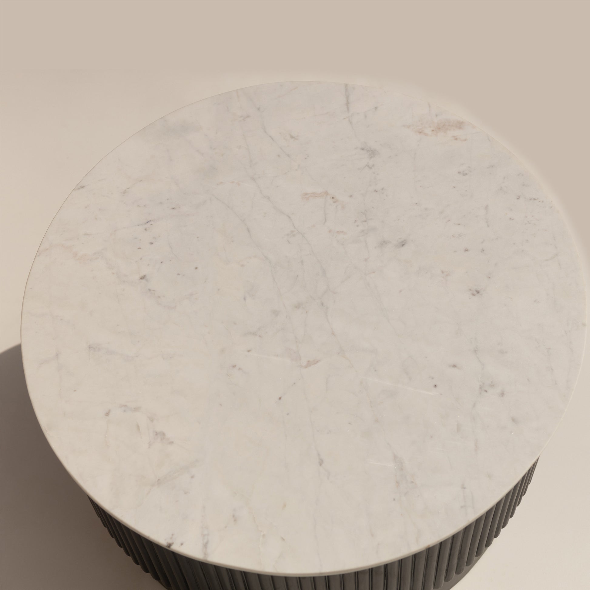 31" White And Dark Brown Genuine Marble And Solid Wood Round Drum Coffee Table-6