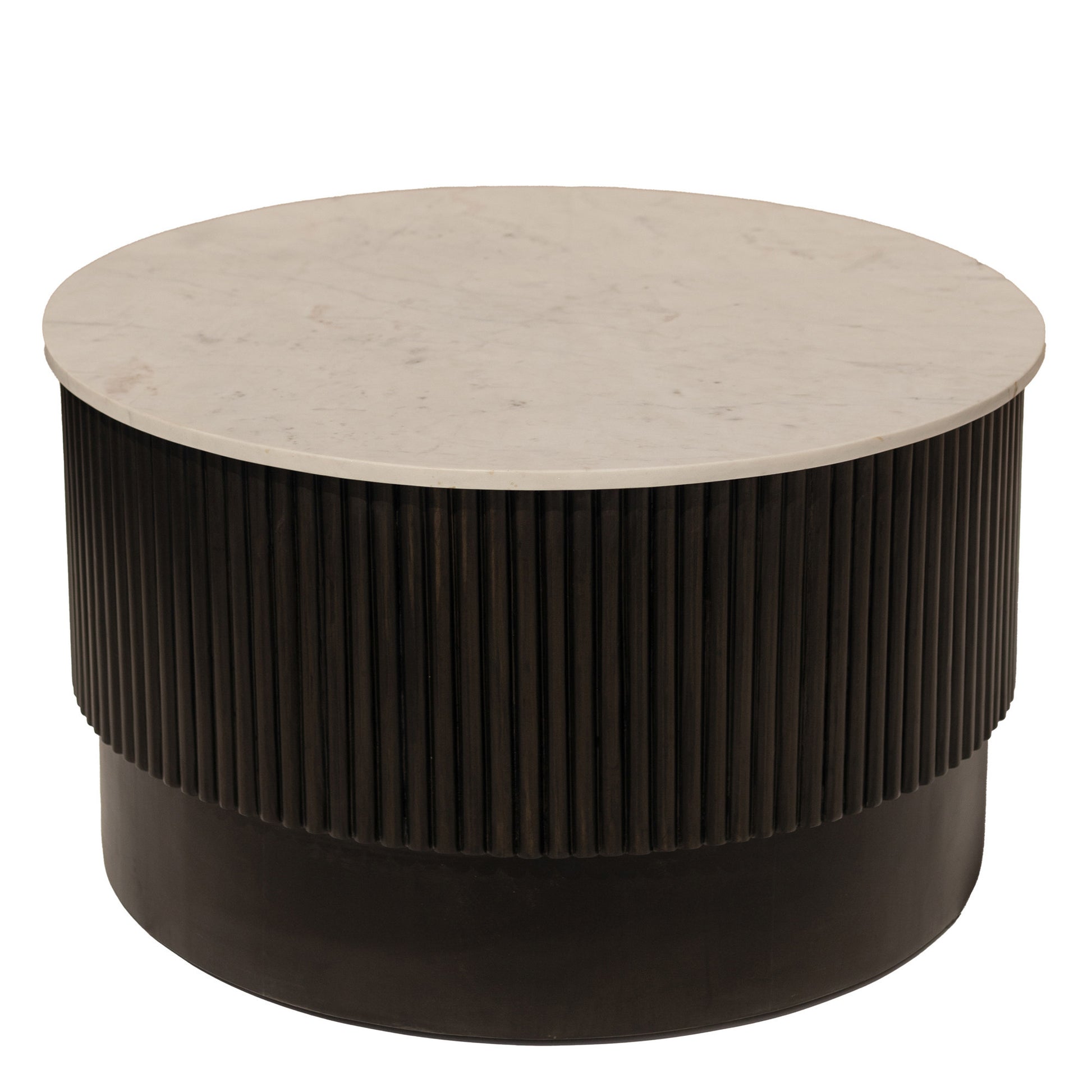 31" White And Dark Brown Genuine Marble And Solid Wood Round Drum Coffee Table-3