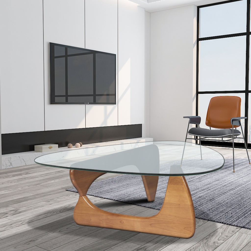 54" Clear and Brown Glass and Wood Triangle Abstract Coffee Table-4
