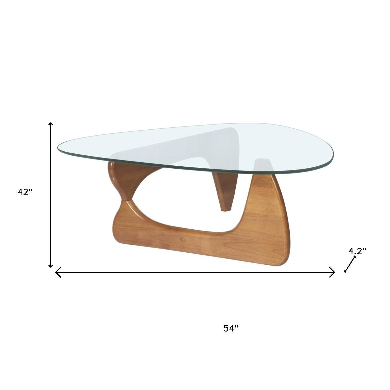 54" Clear and Brown Glass and Wood Triangle Abstract Coffee Table-5