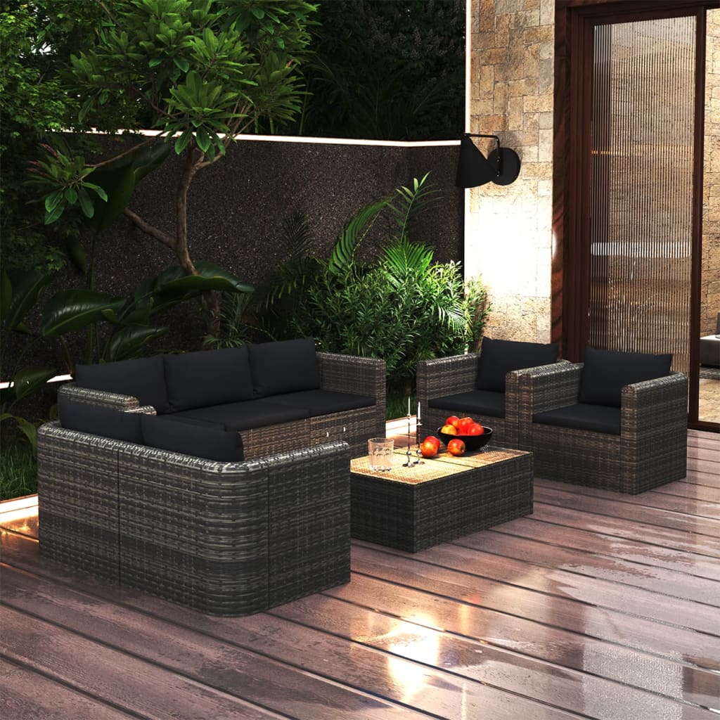 NNEVL 8 Piece Garden Lounge Set with Cushions Poly Rattan Grey-0