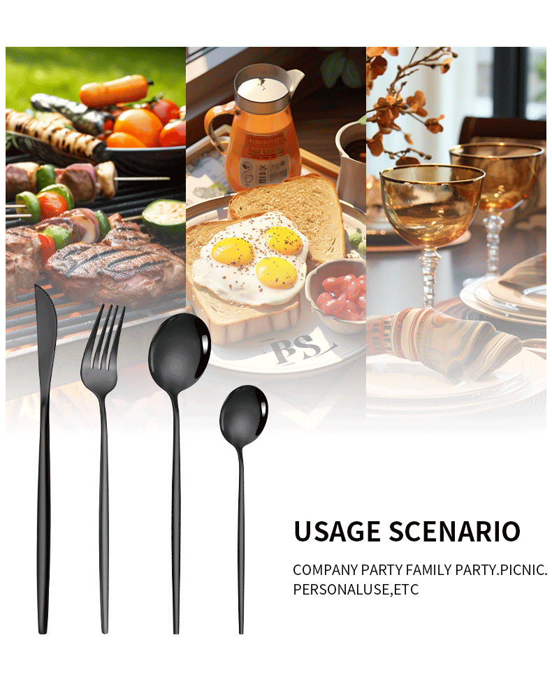 Quattro posate nere opache: coltello, forchetta, cucchiaio e cucchiaino. Immagini di un barbecue, colazione e tavolo elegante.