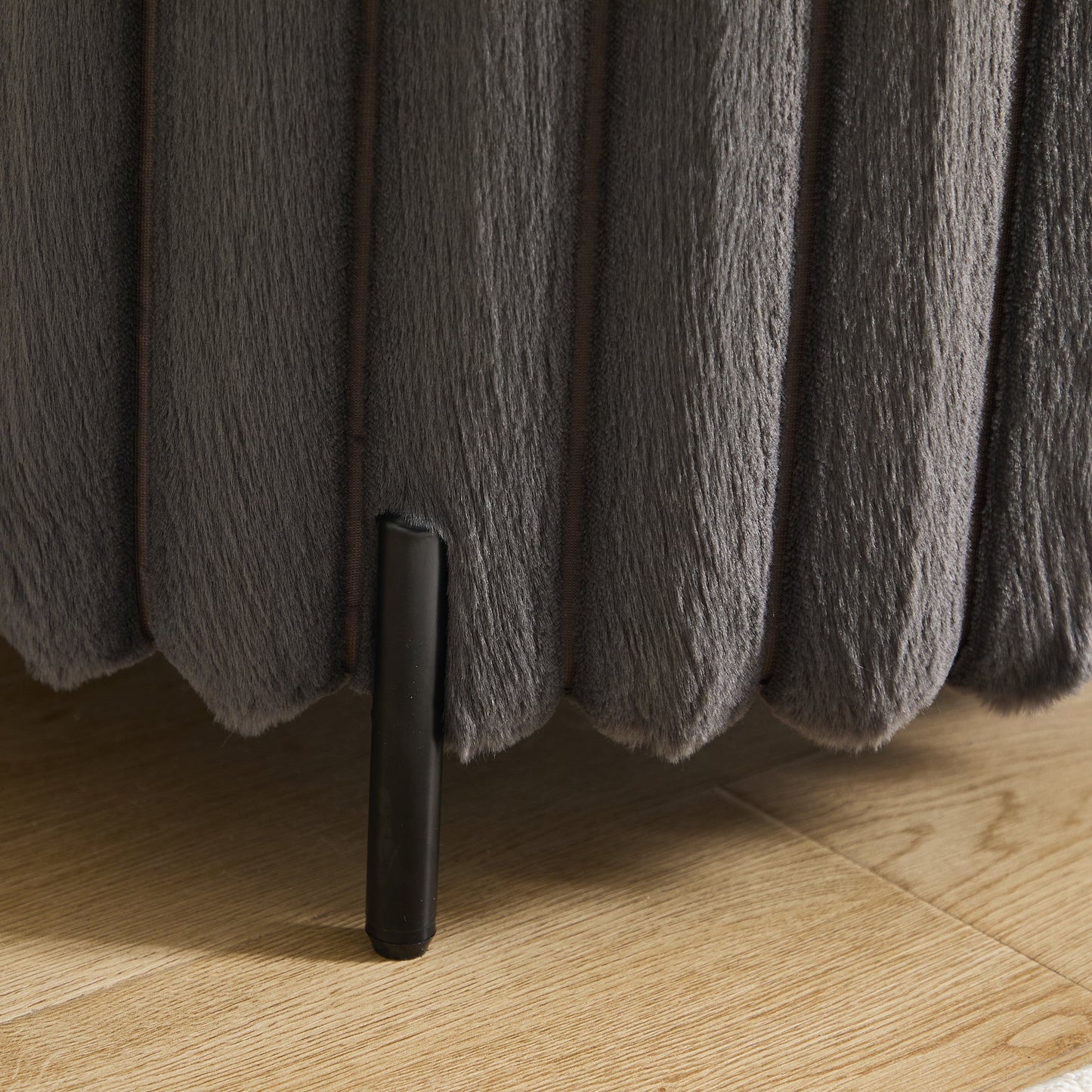 22.05' Wide Upholstered Round Pouf Ottoman Foot Rest with Black Metal Legs, Faux Fur Finish, Charcoal-4