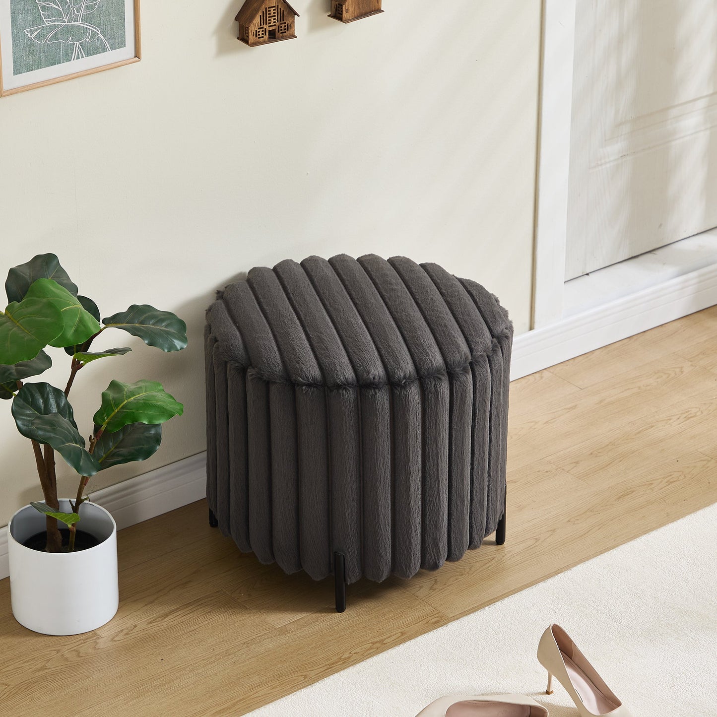 22.05' Wide Upholstered Round Pouf Ottoman Foot Rest with Black Metal Legs, Faux Fur Finish, Charcoal-3