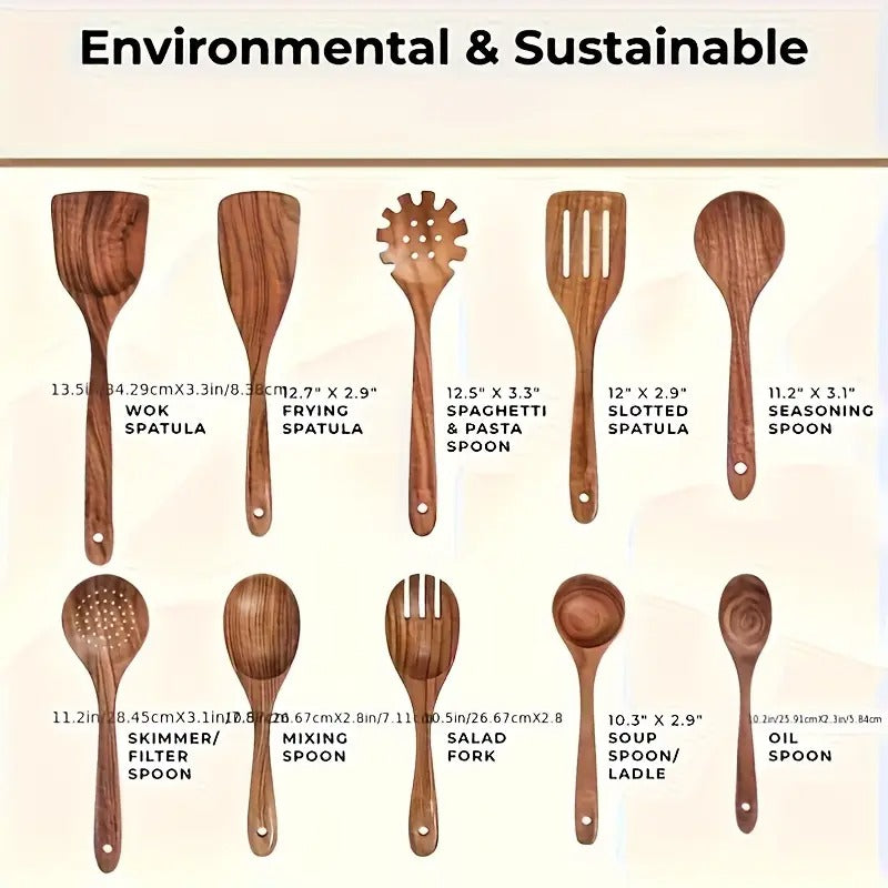 Teak Wood Cookware Set 10 Pcs Durable Kitchen Camping Essentials-3