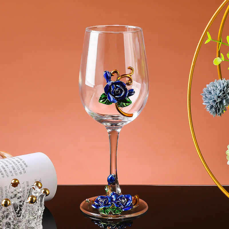 Calice da vino in cristallo smaltato floreale vinta