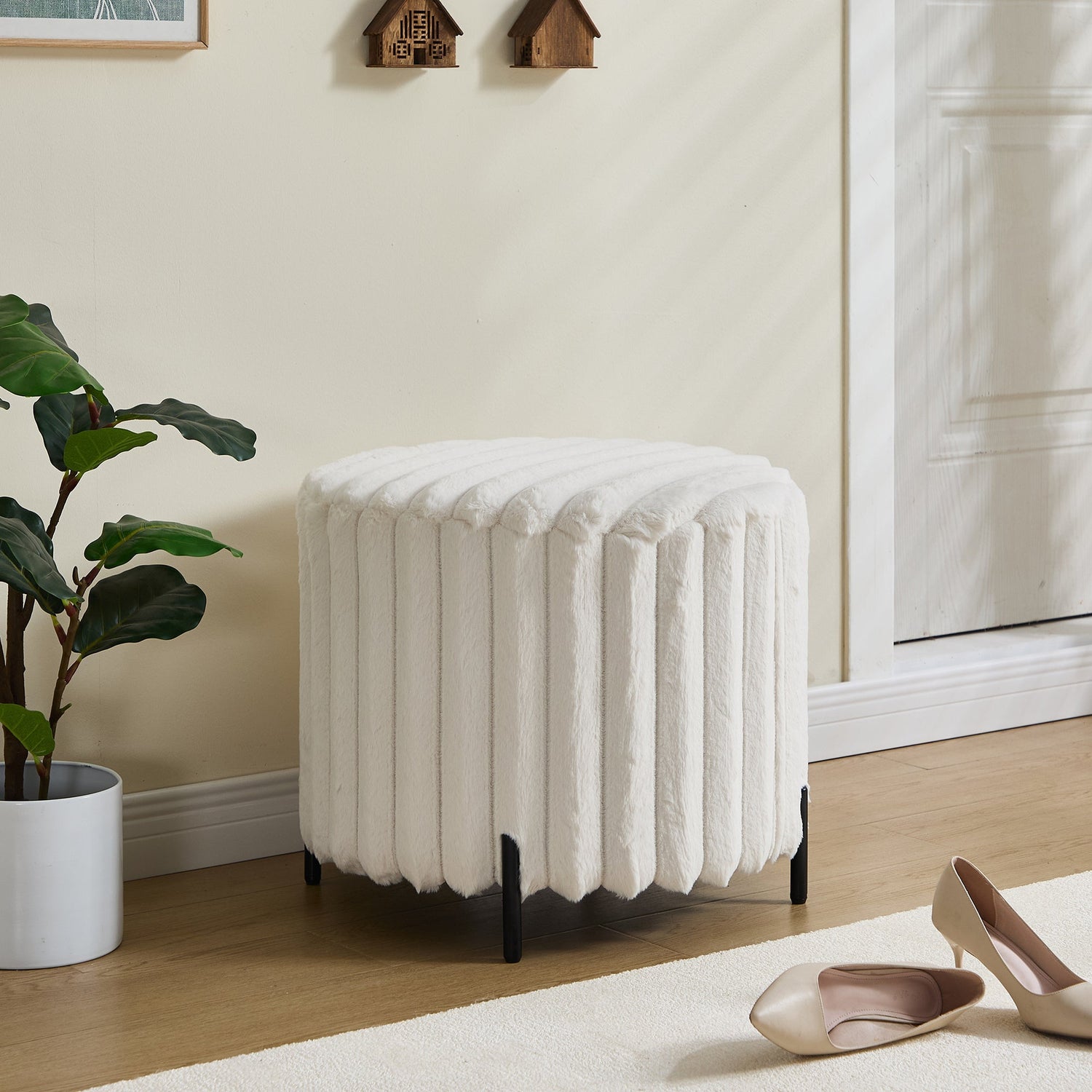 Beige Upholstered Round Pouf Ottoman Foot Rest with Black Metal Legs, Faux Fur, 22.05' Wide-0