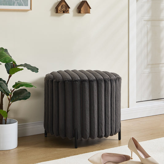 22.05' Wide Upholstered Round Pouf Ottoman Foot Rest with Black Metal Legs, Faux Fur Finish, Charcoal-0