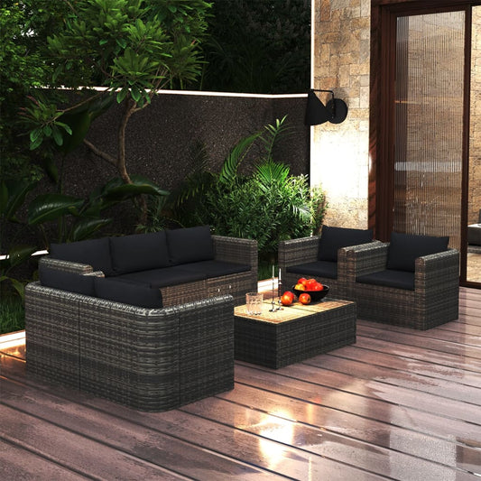 NNEVL 8 Piece Garden Lounge Set with Cushions Poly Rattan Grey-0