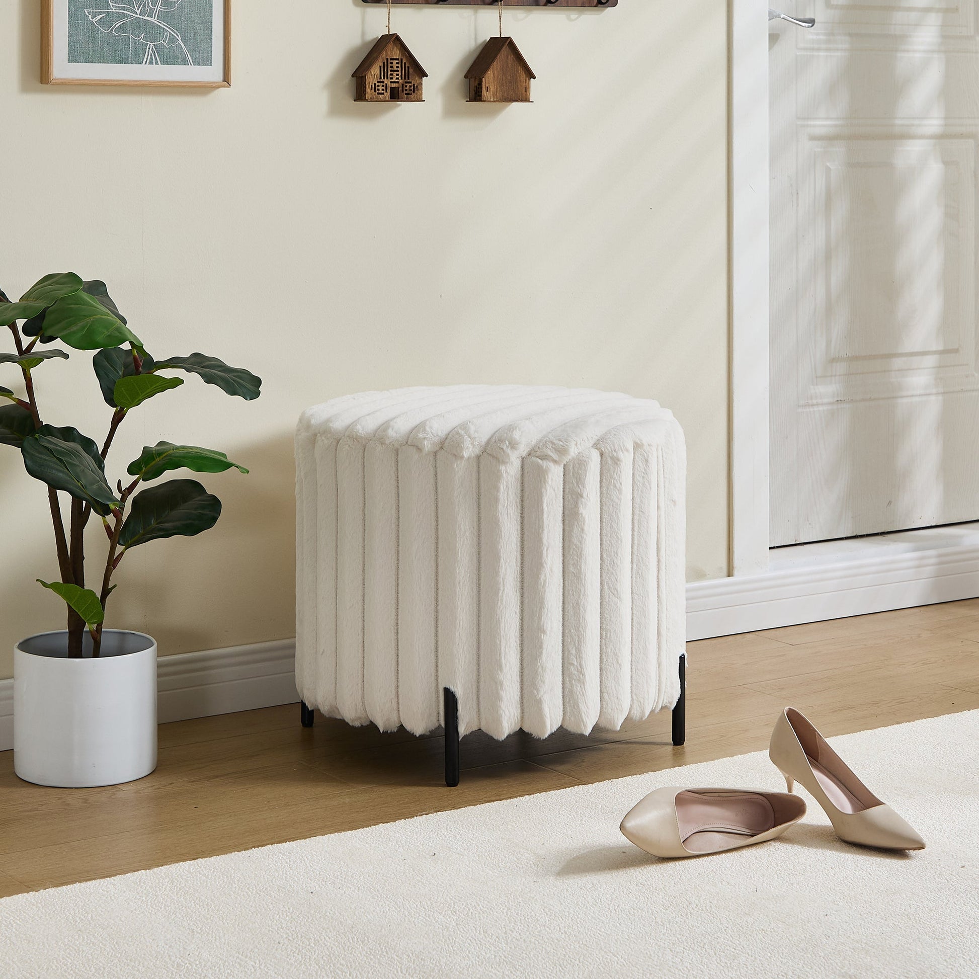 Beige Upholstered Round Pouf Ottoman Foot Rest with Black Metal Legs, Faux Fur, 22.05' Wide-3